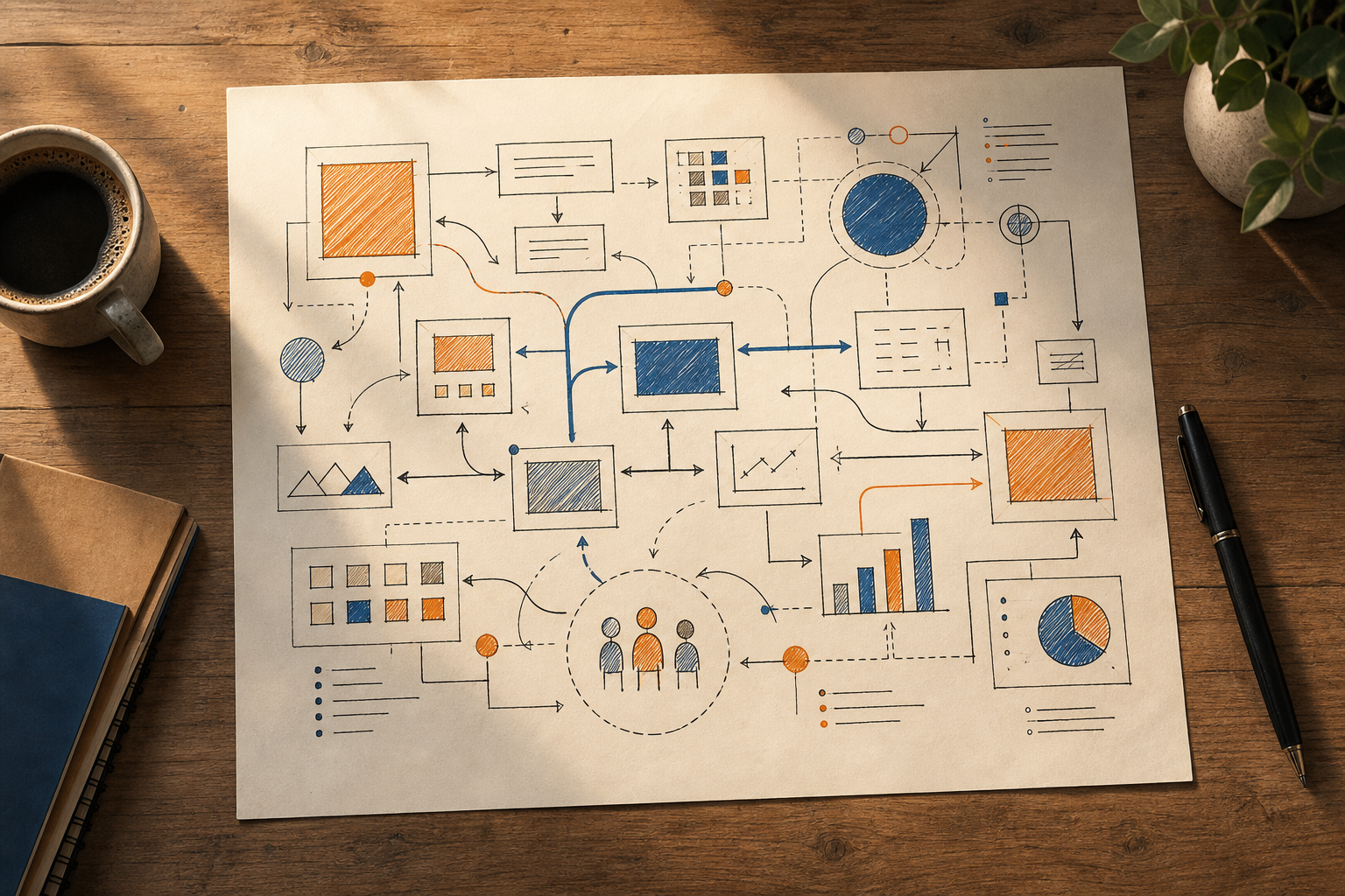 Carte stratégique d'audit IA dessinée à la main avec marqueurs de priorité